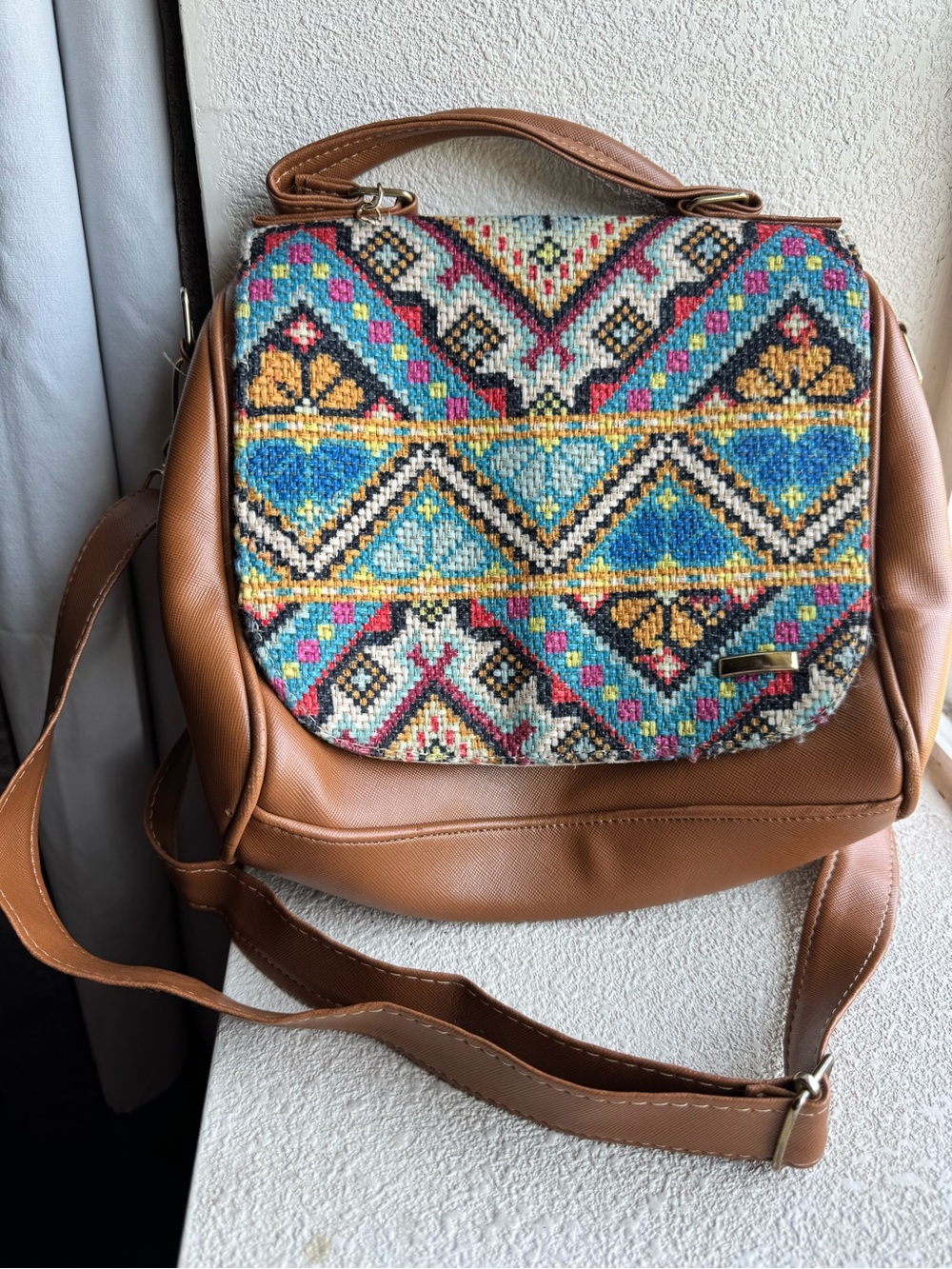 Brown Leather Crossbody Bag with Multicolor Embroidered Flap